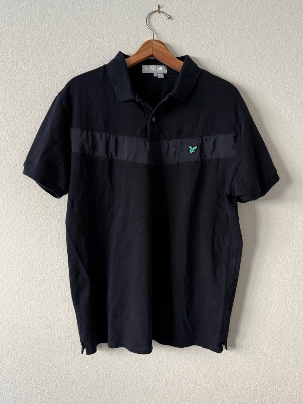 Lyle & Scott Black Polo with Contrast Chest Stripe and Green Logo